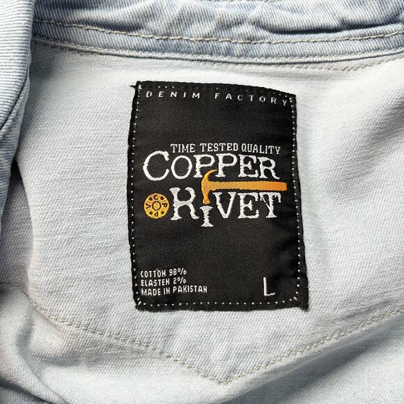 Copper Rivet Light Blue Denim Shirt Snap Button Graphic Prints Large - Picture 8 of 12